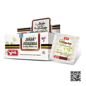 Johar Joshanda herbal tea pack with natural ingredients like ephedra, saffron, and cardamom, designed to provide relief from cold, cough, and flu symptoms.