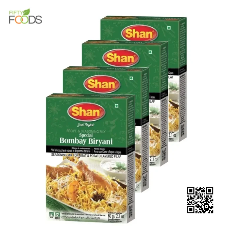 Fifty Foods - Best Organic Foods & Herbal Remedies store Ilford 33 Shan Bombay Biryani Masala 60g pack of 4, featuring a blend of spices like red chili, cardamom, and coriander, perfect for making authentic Bombay Biryani