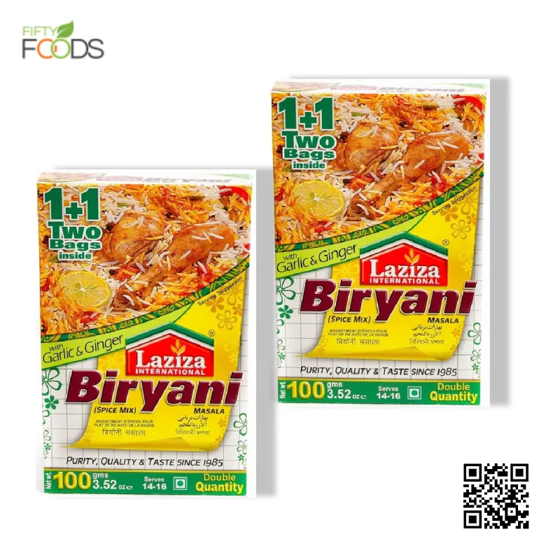 Laziza Biryani Masala 50g pack of 2 , featuring a blend of spices like cumin, coriander, and cinnamon for making authentic biryani