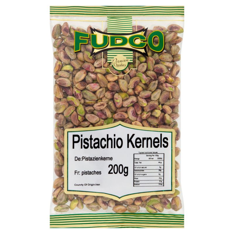 Fudco pistachio kernels in clear packaging, showing shelled nuts