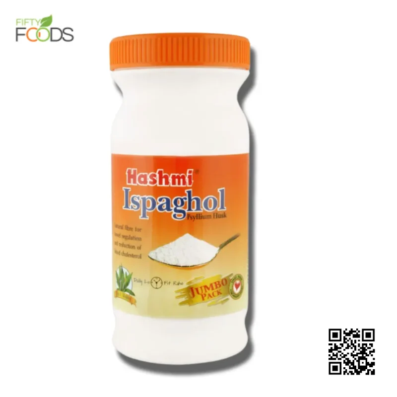 Hashmi Sat Isabgol Husk Jumbo packaging in plastic jars and sachets, offering a natural fiber supplement for digestion and cholesterol management.