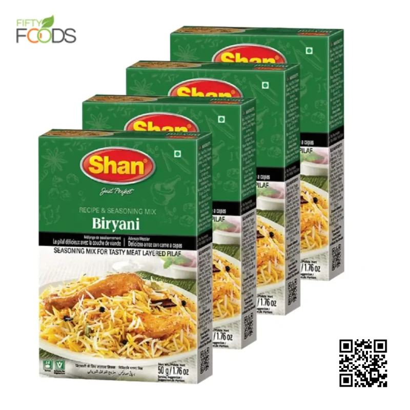 Shan Biryani Masala 50g pack of 4, featuring a blend of spices like cumin, coriander, and cinnamon, perfect for making traditional, aromatic biryani at home.