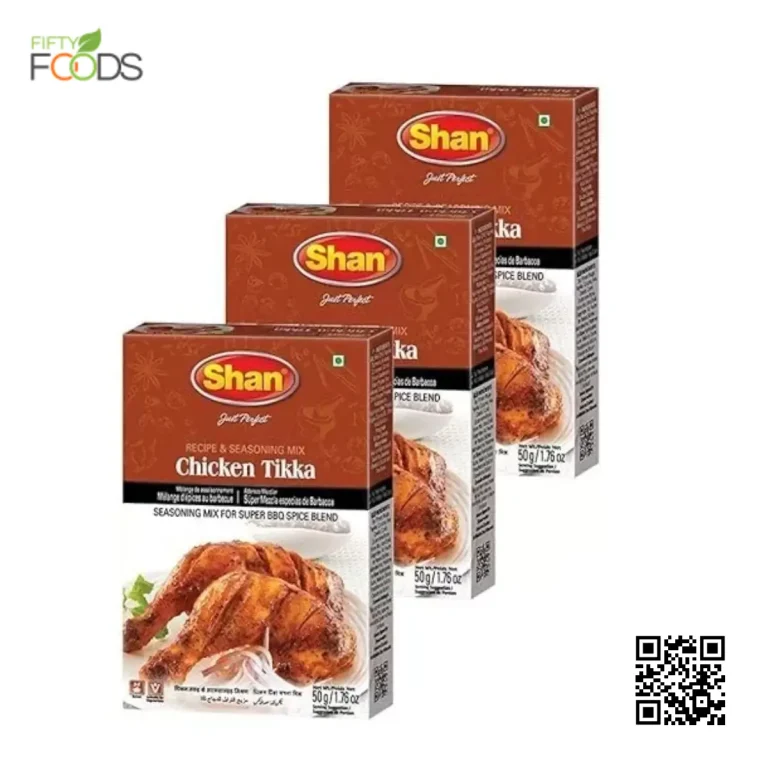 Fifty Foods - Best Organic Foods & Herbal Remedies store Ilford 32 Shan Chicken Tikka Masala 50g pack of 3, featuring a blend of spices like cumin, coriander, and paprika, perfect for creating authentic chicken tikka at home.